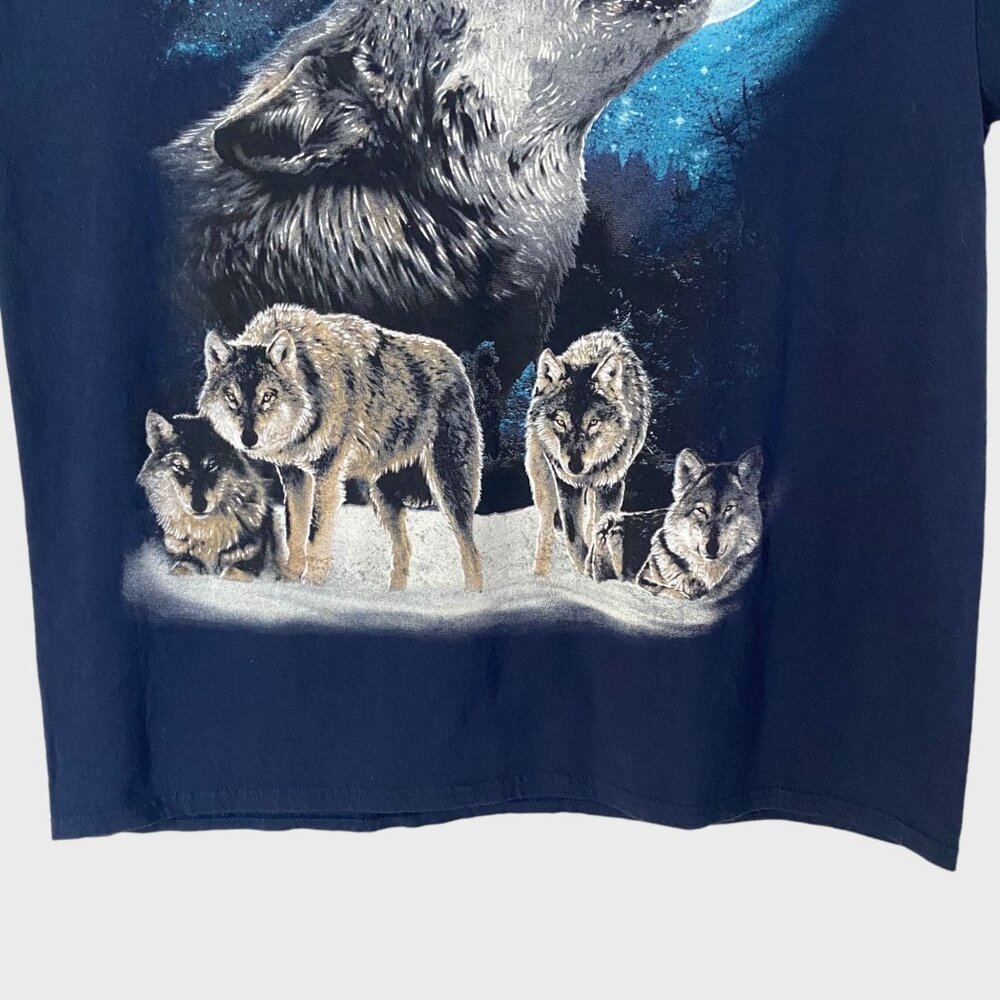 Y2K Wolf Pack Full Moon T-Shirt Men's XL Blue Graphic Short-Sleeve Nature Tee - Picture 6 of 10
